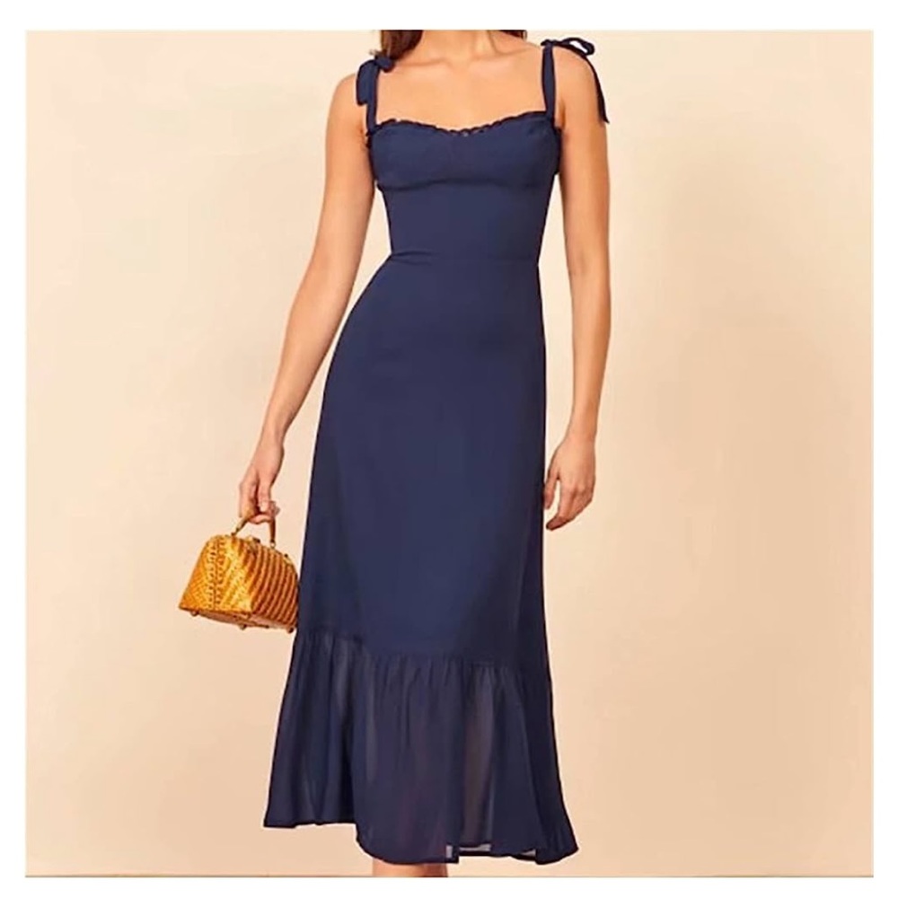 Reformation Navy Blue Tie-Shoulder Maxi Dress